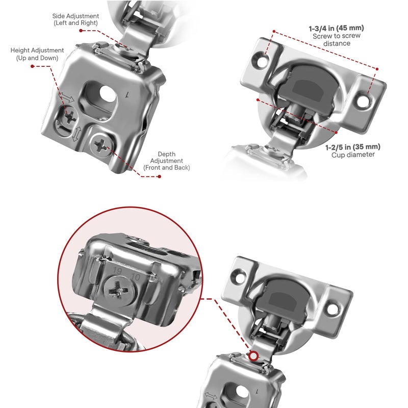 Berta 10-Pack  1 inch Overlay Soft Closing Face Frame Cabinet Hinges  105 Degree 6-Ways 3-Cam Adjustment Concealed Kitchen Cabinet Door Hinges with Screws (1 in. Overlay  10 Pieces) - Image 3